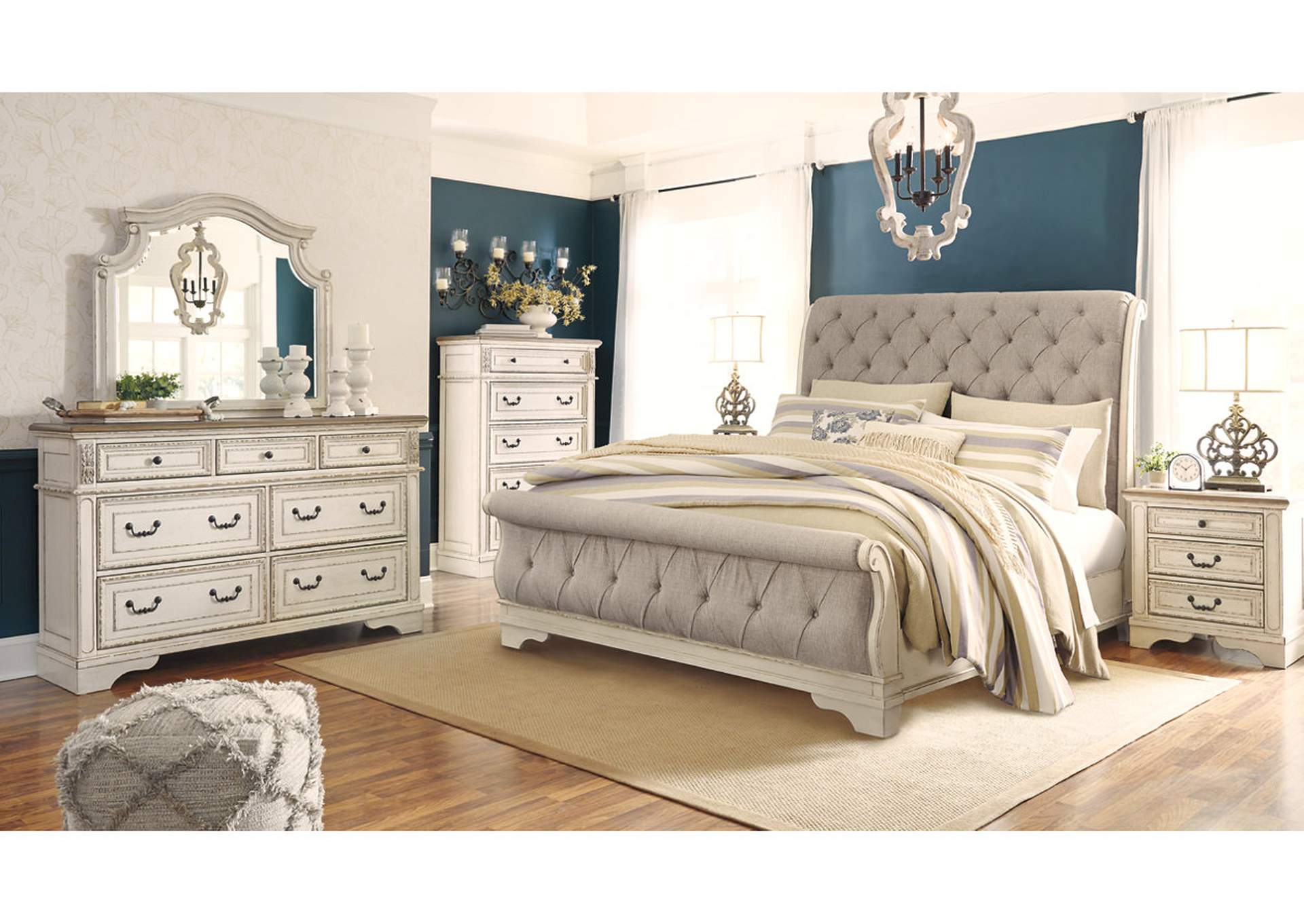 Realyn Chipped White Queen Sleigh Bed w/Dresser & Mirror + Free Mattress ,T-0138629 Black Friday 10-29-24