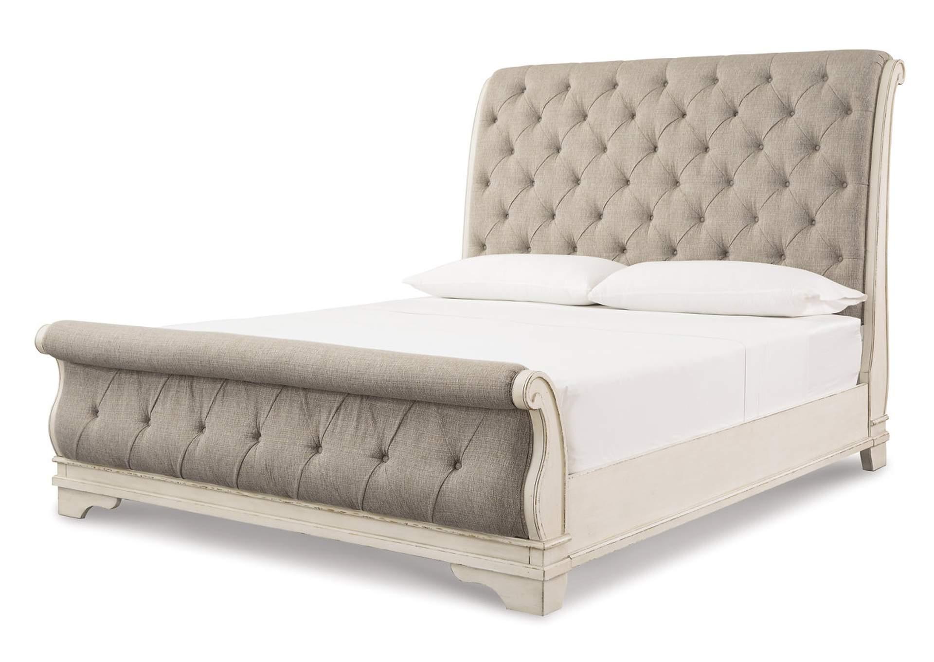 Realyn Chipped White Queen Sleigh Bed w/Dresser & Mirror + Free Mattress ,T-0138629 Black Friday 10-29-24