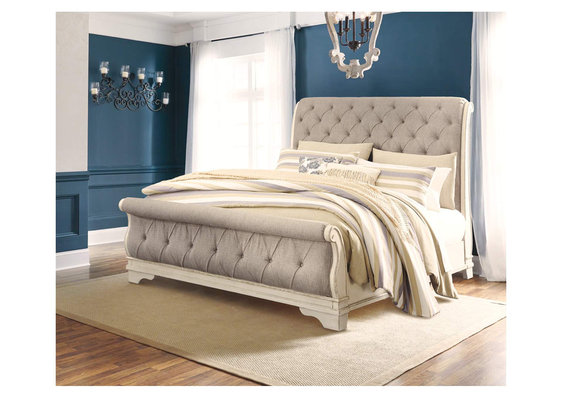 Realyn Chipped White Queen Sleigh Bed w/Dresser & Mirror + Free Mattress ,T-0138629 Black Friday 10-29-24