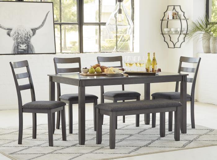 Bridson Gray Rectangular Table & 4 Chairs + FREE Bench ,T-0124673 Total Home Package 2-27-24