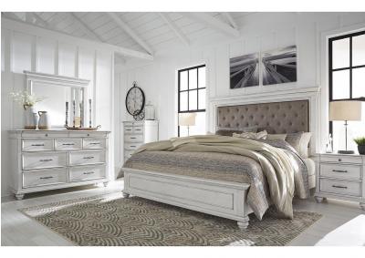 Kanwyn King Upholstered Bed, Dresser, Mirror, Chest & Nightstand + Free Mattress 