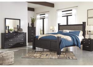 Image for Reylow Dark Brown King Upholstered Poster Bed, Dresser w/Mirror, Chest, Nightstand and FREE Mattress