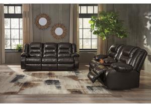 Image for Vacherie Chocolate Reclining Sofa and Double Reclining Loveseat w/Console + TV Stand & Fireplace + Free TV