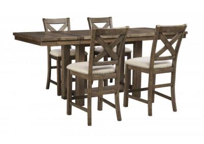 Image for Moriville Gray Rectangular Dining Room Counter Extension Table w/4 Upholstered Barstools